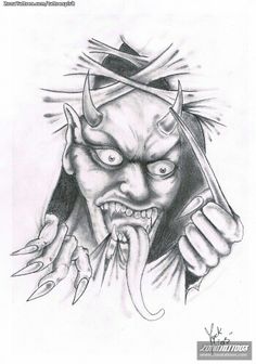 a pencil drawing of a demon with fangs on his face and hands in front of him