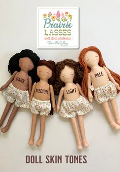 three dolls with different skin tones are posed in front of a sign that says dol skin tones