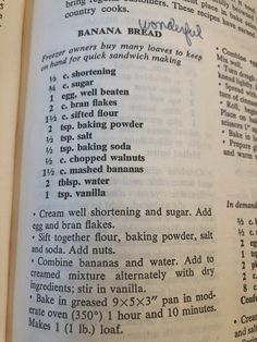 an open book with instructions on how to make banana bread