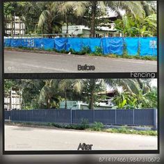 before and after shots of a fenced in area with palm trees on both sides