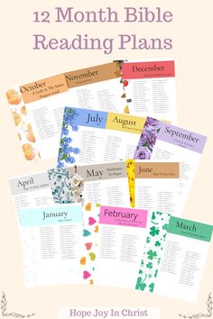 the 12 month bible reading plans with flowers and leaves on them, including an open - ended