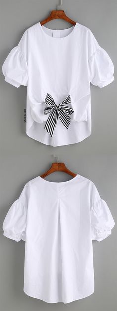 White Blouses, Afrikaanse Mode, Puff Sleeve Blouse, Striped Tie, White Shirts, Fashion Tops, Diy Clothes, Blouse Designs, Korean Fashion