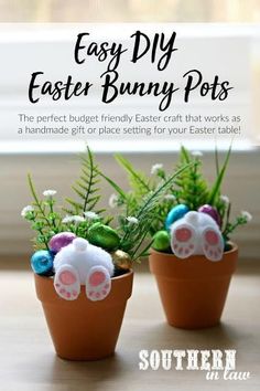 two potted plants with bunny ears on them and the words easy diy easter bunny pots