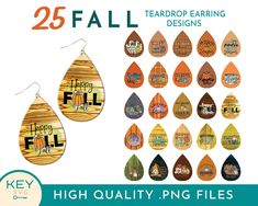 wooden earrings with the words happy fall written on them and other designs in different colors