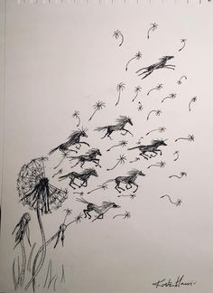 a drawing of a dandelion blowing in the wind