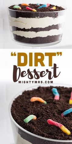 a cake with chocolate frosting and sprinkles on top that says dirt dessert