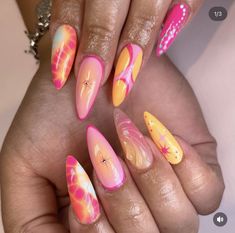 Cruise Nails Almond Shape, Summer Pink And Orange Nails, Soft Grunge Nails, Cruise Nails, Pink Summer Nails, Nail Glam, Flowers Tropical, Summer Loving, Grunge Nails