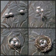 four pictures of silver balls in a bird's nest