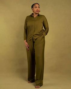 Palazzo Outfit, Long Sleeve Shirt Outfits, Waistband Design, Army Green Color, Band Design, Top Pants Set, Set Outfit, Collar Shirt