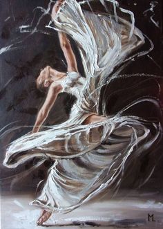 a painting of a woman in white dress with her arms spread out to the side