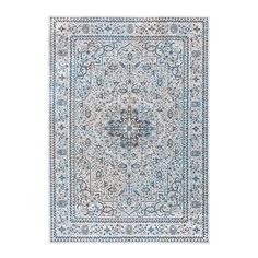 a blue and white rug with an intricate design on the bottom, in front of a white background