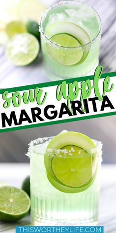 some type of margarita drink with limes around it and the words, sour apple margarita