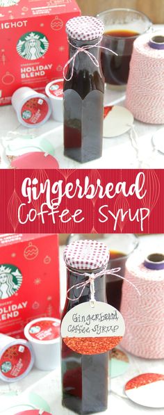 two jars of gingerbread coffee syrup on a table with red and white striped paper