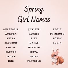 a pink background with the words spring girl names in black and white, along with an illustration of a bunny