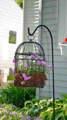 a birdcage filled with flowers hanging from a pole