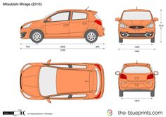 an orange car is shown in three different views