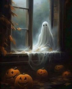 a painting of a ghost sitting in front of a window with pumpkins on the windowsill