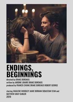 a movie poster for the film ending's beginnings with two people sitting at a table