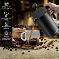 coffee being poured into a cup with the instructions on how to make it and how to use it