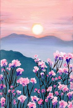 a painting of pink flowers in front of a mountain with the sun setting behind them