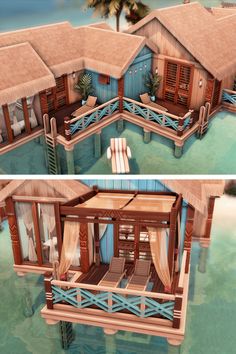 two views of a beach house in the water