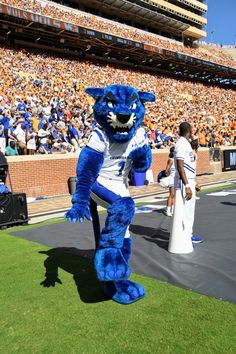 a blue and white mascot standing in the middle of a field at a football game