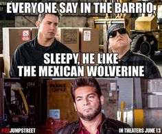 two men in black jackets and red shirt with text that says everyone say in the barrel sleep, he like the mexican wolverine