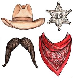 three hats, two bandanas and one sheriff's hat are drawn in watercolor