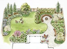 a drawing of a garden with lots of trees