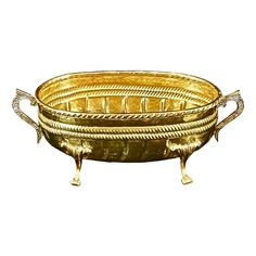 three golden metal bowls with handles