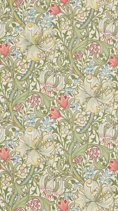 an intricately designed wallpaper with flowers and leaves in green, blue, pink, yellow and white