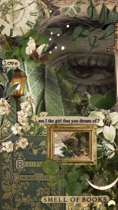 a collage with flowers, leaves and an eye