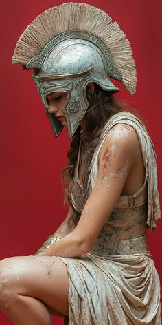 a woman wearing a helmet and sitting on the ground with mud all over her body