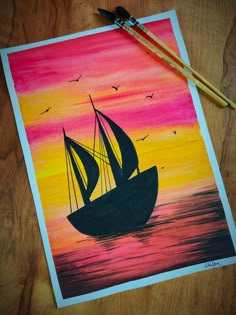 a painting of a sailboat in the ocean at sunset