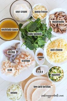 the ingredients to make this recipe are shown in separate bowls and on separate plates, along with