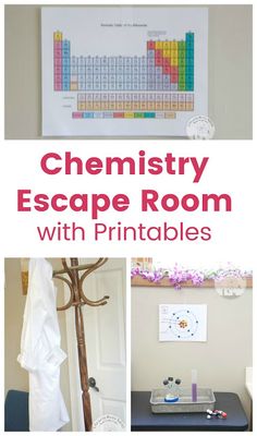 a collage of photos with the words,'chemistry escape room with printables '