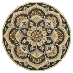 a round rug with an ornate design on the center and bottom, in black and beige colors