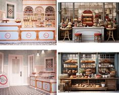 three different views of a bakery with cakes and pastries