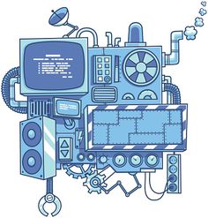 a blue and white drawing of an old fashioned computer with various components surrounding it, including a monitor