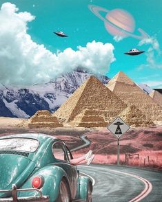 an old car driving down the road in front of pyramids and flying saucers