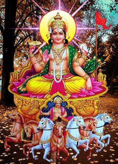 the hindu god sitting on top of four horses