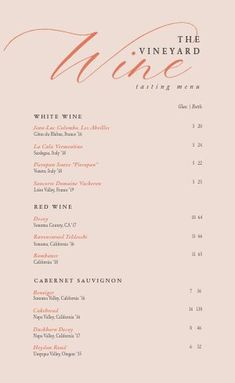 the vineyard menu with wine list