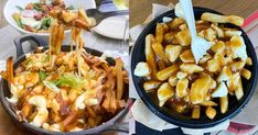 two pans filled with different types of food on top of a wooden table next to each other