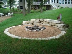 a fire pit in the middle of a yard