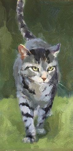 a painting of a cat walking in the grass with its front paws on it's hind legs