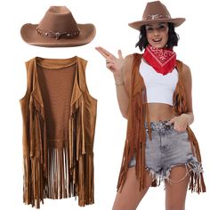 PRICES MAY VARY. 【3Pcs Western Cowgirl Accessories】This cowgirl costume set includes 1 brown fringe cardigan, 1 brown cowgirl hat, and 1 red scarf. Bring an extra touch of the old west to your wardrobe. 【Stylish Fringe Vest & Classic Cowgirl Hats 】The cowgirl vest features a long fringe design and the brown cowboy hat features a classic cowboy crease style crown and a high-quality leather hatband, crafted with attention to detail. Effortlessly achieving Western cowboy style, a 70s hippie vibe, a Cowgirl Costume For Women, Costume Cowgirl, Western Cowgirl Outfits, Women 70s, Cowgirl Outfits For Women, Sombrero Cowboy, Brown Cowboy Hat, Suede Fringe Vest, Black Cowboy Hat