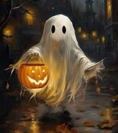 a painting of a ghost with a pumpkin in its hand and lights on behind it