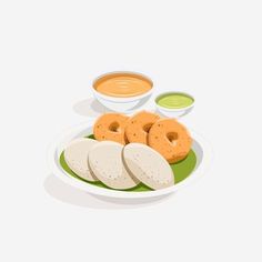 a plate with some bread and dips on it, next to two bowls of dipping sauce