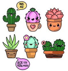 some cute cactus plants with different expressions on their faces and the words hug me above them