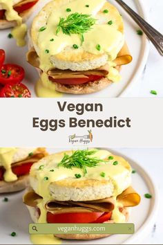 an egg benedict sandwich on a white plate with tomatoes and green garnishes